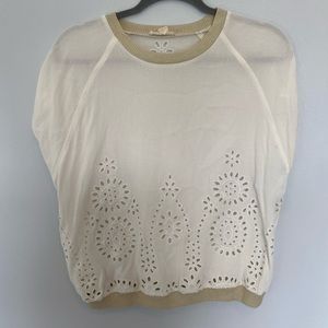 Anthropologie Cream and Tan Eyelet Top